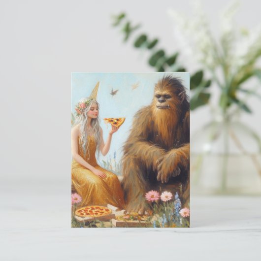 Sasquatch en de Fairy Pizza datum Briefkaart (Staand voorkant)