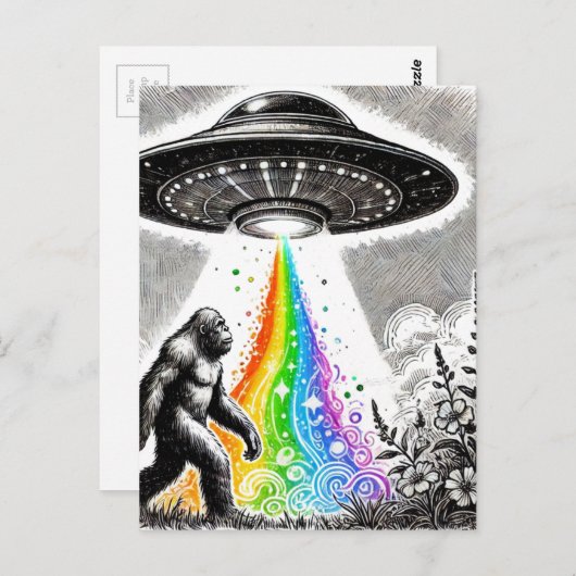 Sasquatch en de UFO in een weide Briefkaart (Voorkant / Achterkant)