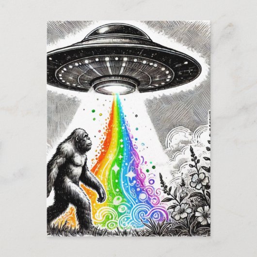 Sasquatch en de UFO in een weide Briefkaart (Voorkant)