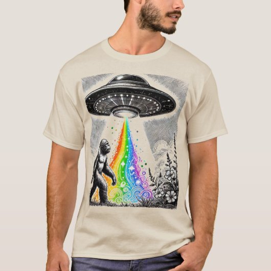 Sasquatch en de UFO in een weide T-shirt (Voorkant)