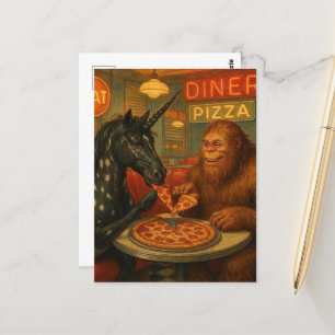 Sasquatch en een eenhoorn Appaloosa eten pizza Briefkaart