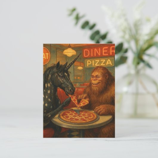 Sasquatch en een eenhoorn Appaloosa eten pizza Briefkaart (Staand voorkant)