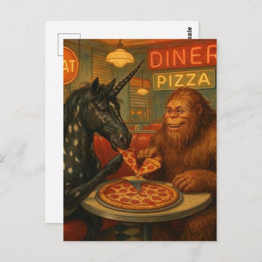 Sasquatch en een eenhoorn Appaloosa eten pizza Briefkaart (Voorkant / Achterkant)