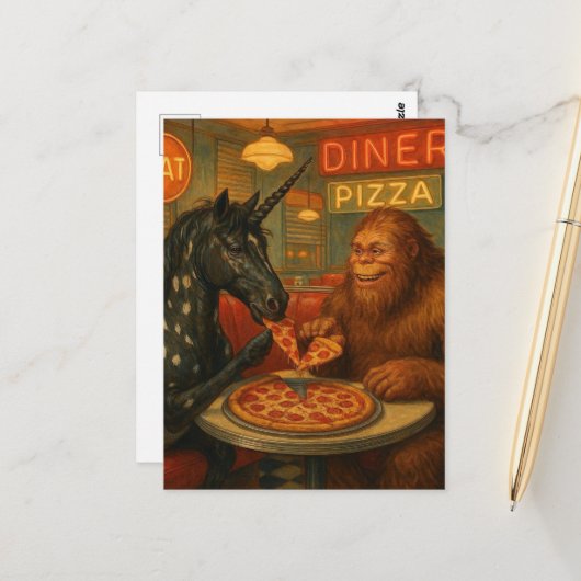 Sasquatch en een eenhoorn Appaloosa eten pizza Briefkaart (Voorkant / Achterkant in situ)