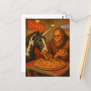Sasquatch en een eenhoorn eten pizza briefkaart