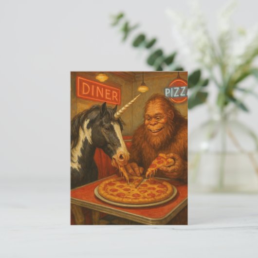 Sasquatch en een eenhoorn eten pizza briefkaart (Staand voorkant)