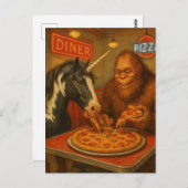 Sasquatch en een eenhoorn eten pizza briefkaart (Voorkant / Achterkant)