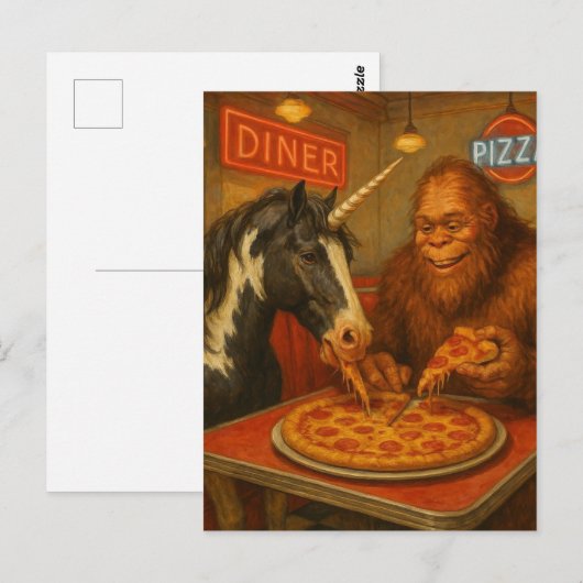 Sasquatch en een eenhoorn eten pizza briefkaart (Voorkant / Achterkant)