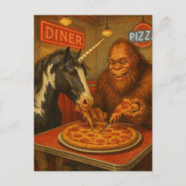 Sasquatch en een eenhoorn eten pizza briefkaart
