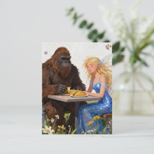 Sasquatch en een fee eten taco's briefkaart (Staand voorkant)