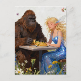 Sasquatch en een fee eten taco's briefkaart