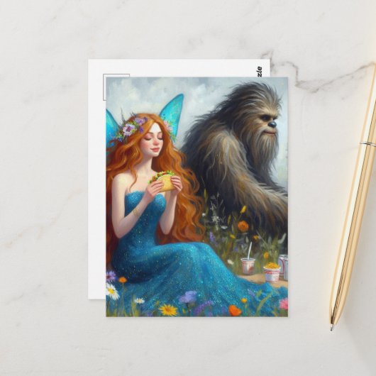 Sasquatch en een fee op een picknick briefkaart (Voorkant / Achterkant in situ)