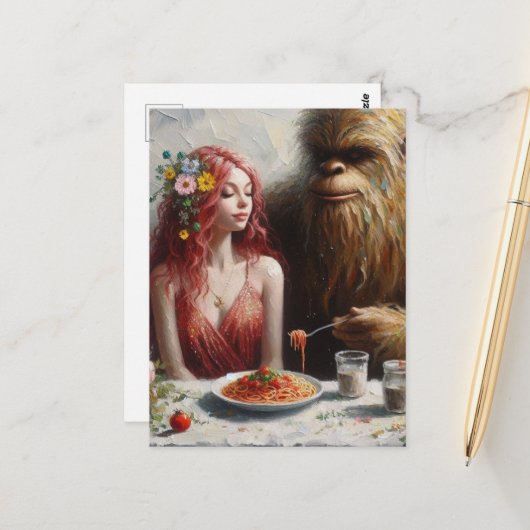 Sasquatch en zijn date op Spaghettinacht Briefkaart (Voorkant / Achterkant in situ)