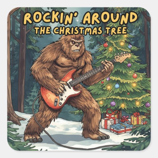 Sasquatch Gitaar Rockt Rond de Kerstboom Vierkante Sticker (Voorkant)