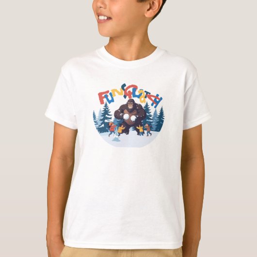 Sasquatch having a snow ball fight with kids t-shirt (Voorkant)