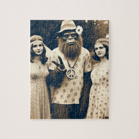 Sasquatch Hippie Sepia met twee vrouwen Legpuzzel (Verticaal)