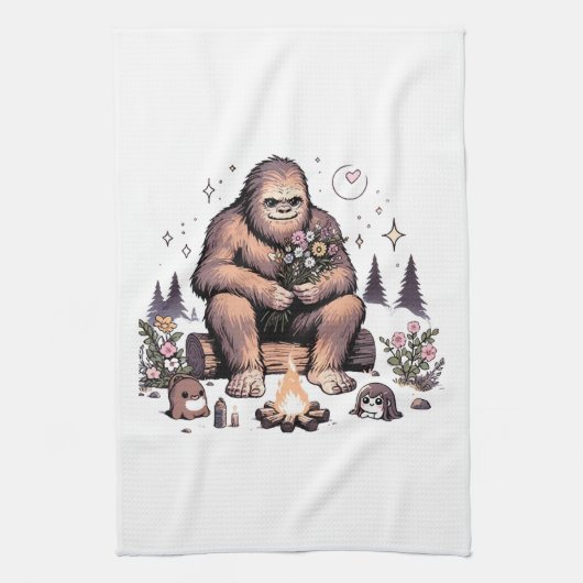 Sasquatch houdt bloemen vast theedoek (Verticaal)