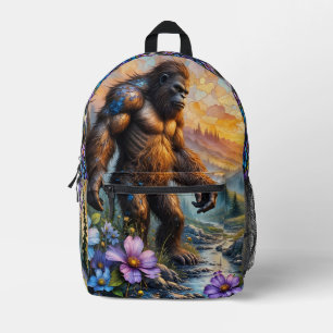 Sasquatch in de bloemrijke bergvallei bedrukte rugzak