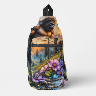 Sasquatch in de bloemrijke bergvallei sling bag