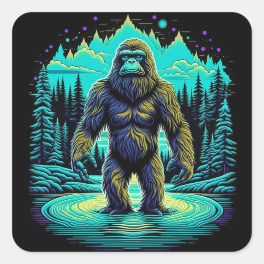 Sasquatch in de Bossen Ai Art Vierkante Sticker (Voorkant)