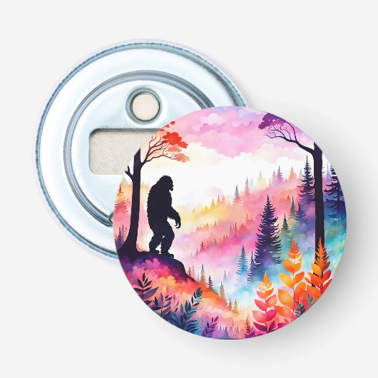 Sasquatch in het kleurrijke bos waterverf button flesopener (Voorkant)