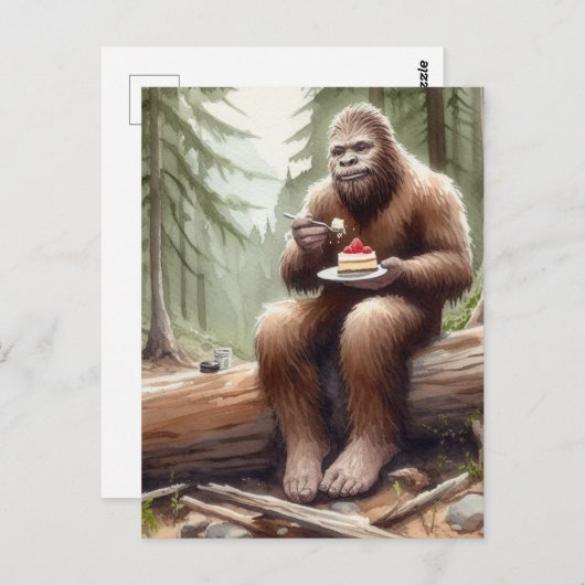 Sasquatch in mossy bos met een cheesecake briefkaart (Voorkant / Achterkant)