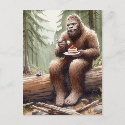 Sasquatch in mossy bos met een cheesecake briefkaart (Voorkant)