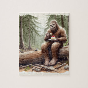 Sasquatch in mossy bos met een cheesecake legpuzzel
