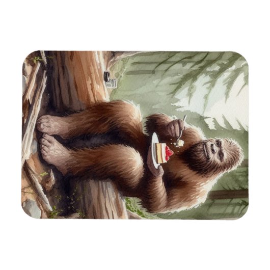 Sasquatch in mossy bos met een cheesecake magneet (Horizontaal)