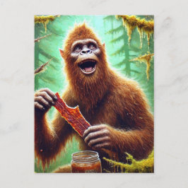 Sasquatch in mossy bos met een pot rundvlees schok briefkaart