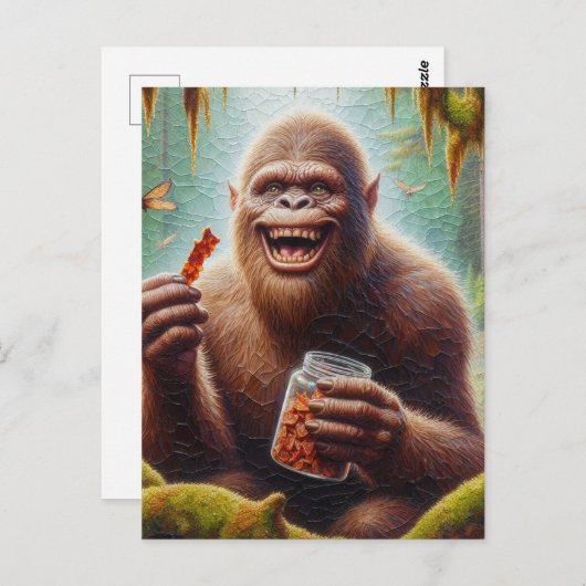 Sasquatch in mossy bos met gevonden pot van jerky briefkaart (Voorkant / Achterkant)