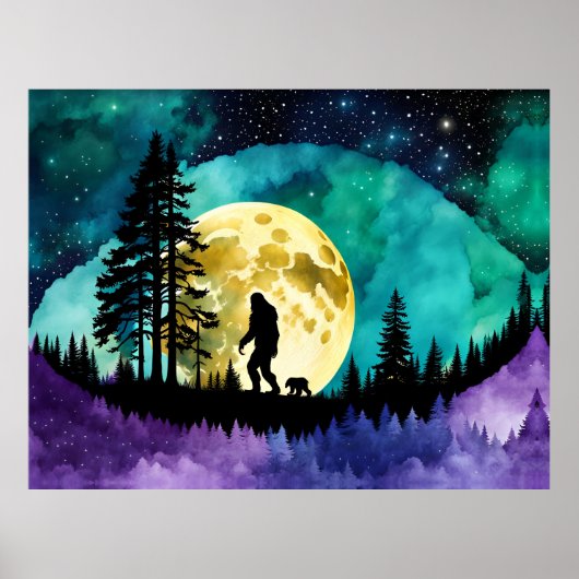 Sasquatch loopt met huisbeerwelp Poster (Voorkant)