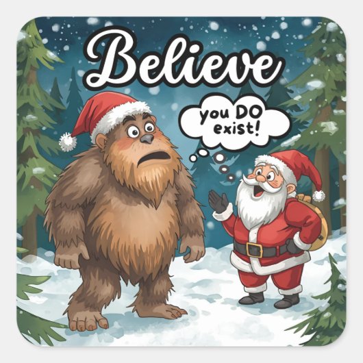 Sasquatch Meets Santa I Believe Funny Christmas Vierkante Sticker (Voorkant)