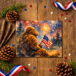 Sasquatch met Amerikaanse vlag 4 juli vuurwerk Briefkaart