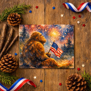 Sasquatch met Amerikaanse vlag 4 juli vuurwerk Briefkaart