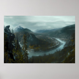 Sasquatch met uitzicht op een schilderachtig bergv poster