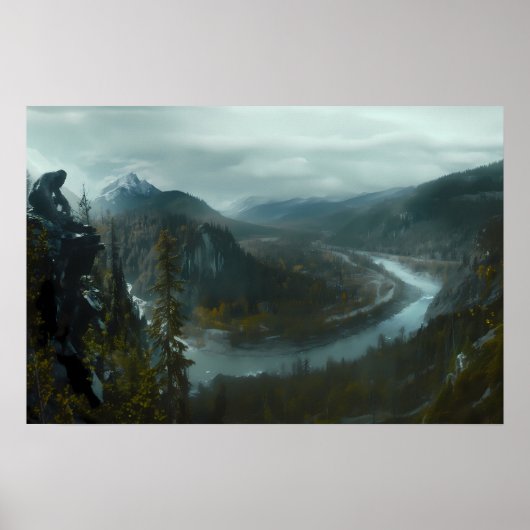 Sasquatch met uitzicht op een schilderachtig bergv poster (Voorkant)