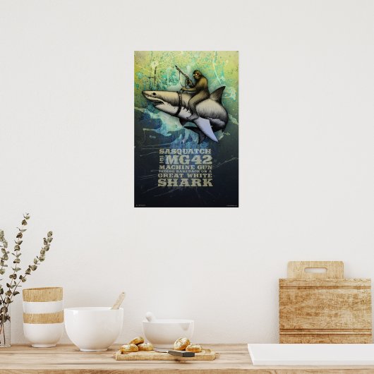 Sasquatch op een grote witte haai poster (Keuken)