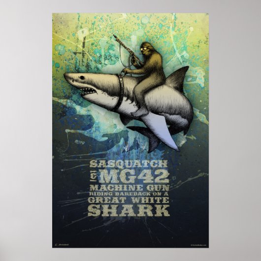 Sasquatch op een grote witte haai poster (Voorkant)