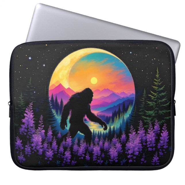 Sasquatch Rainbow Mountain Maan Muur Klok Laptop Sleeve (Voorkant)