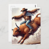 Sasquatch rides a rodeo bull fantasy art briefkaart (Voorkant / Achterkant)