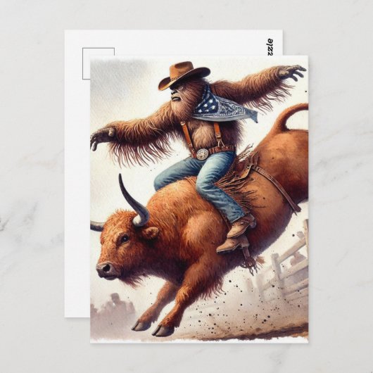 Sasquatch rides a rodeo bull fantasy art briefkaart (Voorkant / Achterkant)