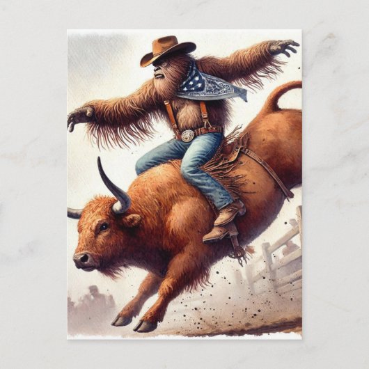 Sasquatch rides a rodeo bull fantasy art briefkaart (Voorkant)