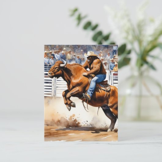 Sasquatch rijdt op bruine stier in Rodeo Waterverf Briefkaart (Staand voorkant)