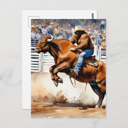 Sasquatch rijdt op bruine stier in Rodeo Waterverf Briefkaart (Voorkant / Achterkant)