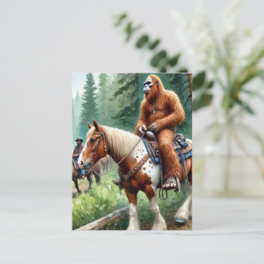 Sasquatch rijdt op een paard briefkaart (Staand voorkant)