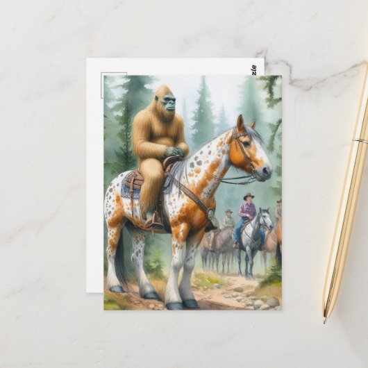 Sasquatch rijdt op een paard op een trailride briefkaart (Voorkant / Achterkant in situ)