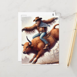 Sasquatch rijdt op een rodeo-stier fantasie kunst briefkaart