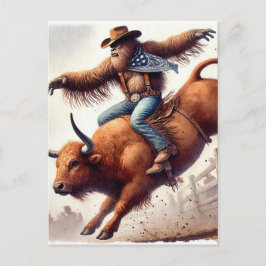 Sasquatch rijdt op een rodeo-stier fantasie kunst briefkaart