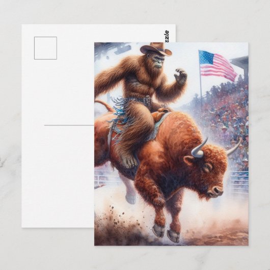 Sasquatch rijdt op een rodeo-stier fantasiekunst briefkaart (Voorkant / Achterkant)